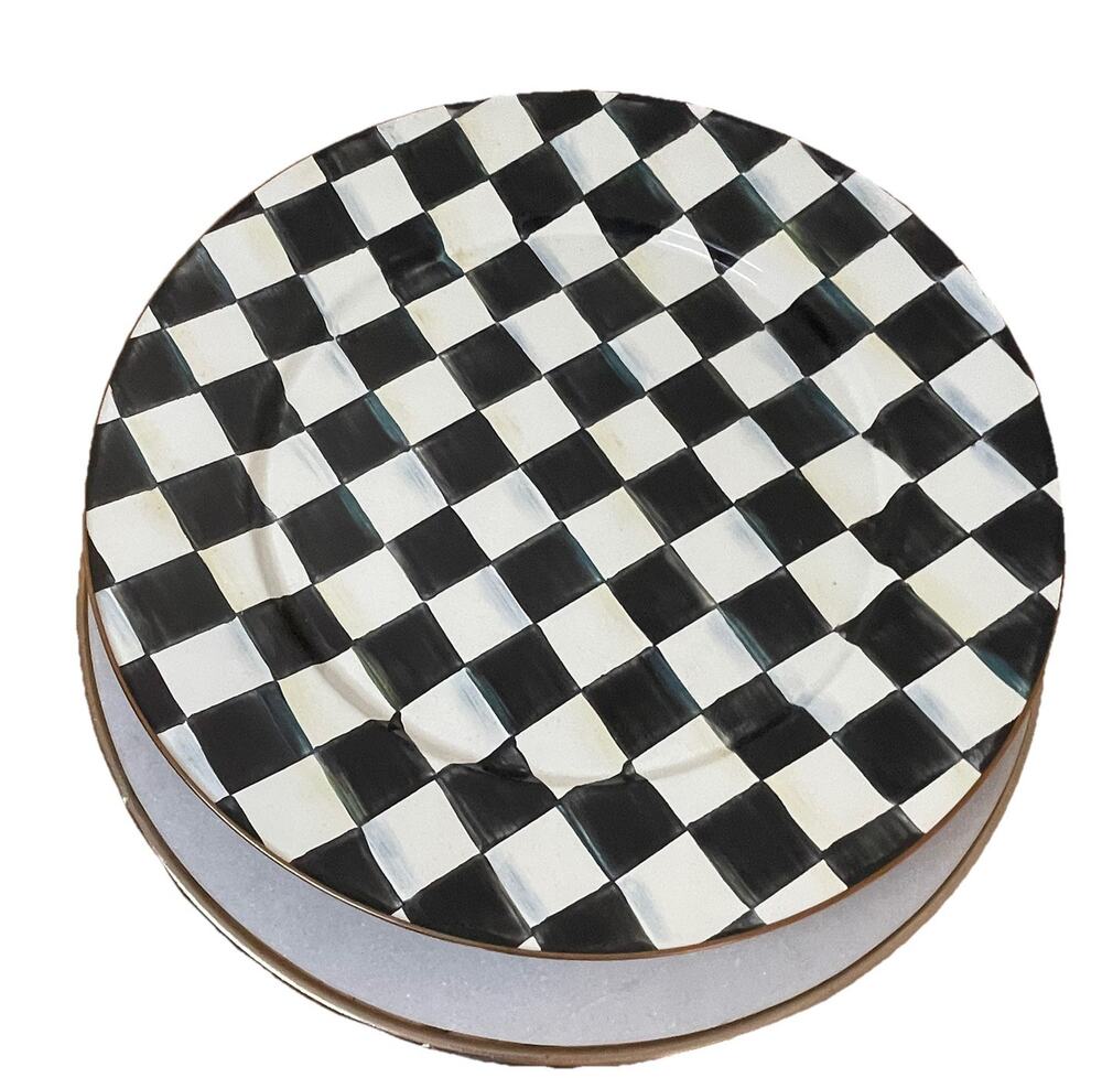 Mackenzie Childs 16” Serving Platter, Courtly Check Blk/Wht, Steel, Bronze Rim